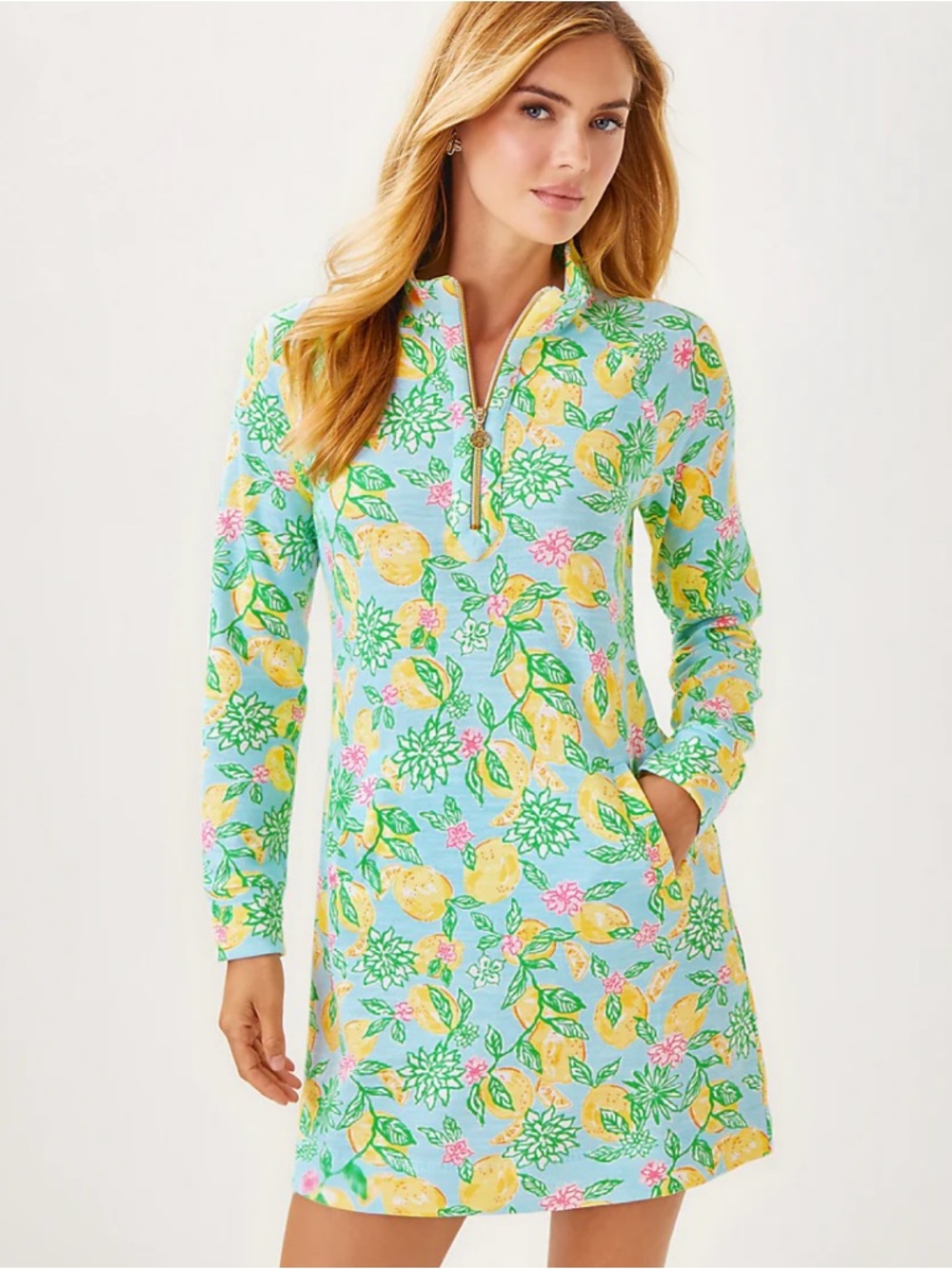 Lilly Pulitzer Ashlee Dress, Bluette Make Lemonade Knee Length Long Sleeve Xs